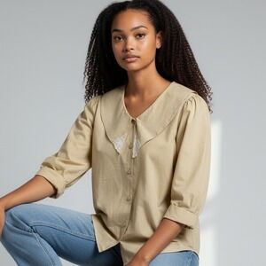 Pat Fashions Beige Lace Collar Puff‎ Sleeve Button Up Shirt Women's Size M